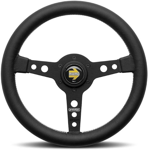 MOMO Motorsport Prototipo Street Steering Wheel,Black Leather Grip,Brushed Black Anodized Spoke,White Stitch,370mm - PRO37BK2B