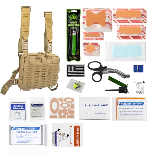 Kitgo First Aid Chest Pack, Molle EDC EMT Utility Pouch with 84 Piece First Aid Kit & Survival Gear Tool for Hunting Hiking Camping Adventure Fishing Military Tropical Storms Khaki