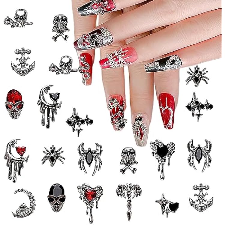 22 PCS Halloween Nail Charms 3D Alloy Nail Art Charms 3D Black Red Rhinestones Nail Supplies Skeleton Star Heart Spider Gems Cross Design for Manicure Craft DIY Nail Art Decorations Accessories