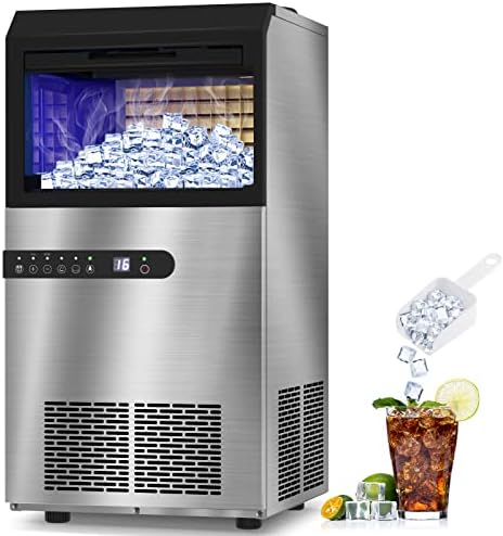 LifePlus Commercial Ice Maker Machine 100Lbs24H, Stainless Steel Under Counter ice Machine with Large Storage Bin, 45 Ice CubesCycle, 2 Way Water Supply, Freestanding for Home Party Shop Office Bar