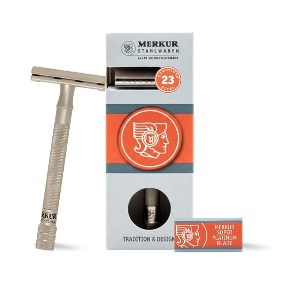 MERKUR 23 INOX Stainless Steel Double Edge Safety Razor, Satin Finish, Long Knurled Handle, Three Piece, Closed Comb