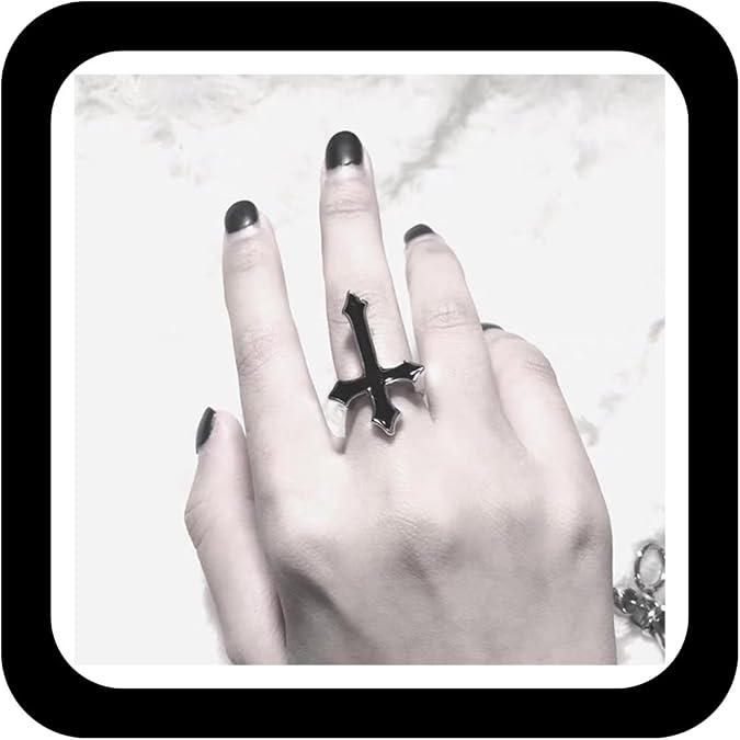 Cross Open Ring for Women Gothic Black Cross Stackable Ring Adjustable Statement Band Ring Religious Faith Jewelry