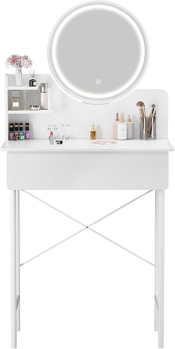 White Makeup Vanity Desk with Led Lighted Mirror in 3 Colors,Vanity Desk with 1 Drawers and 2 Open Shelves,Dressing Table for Small Space, Bedroom White