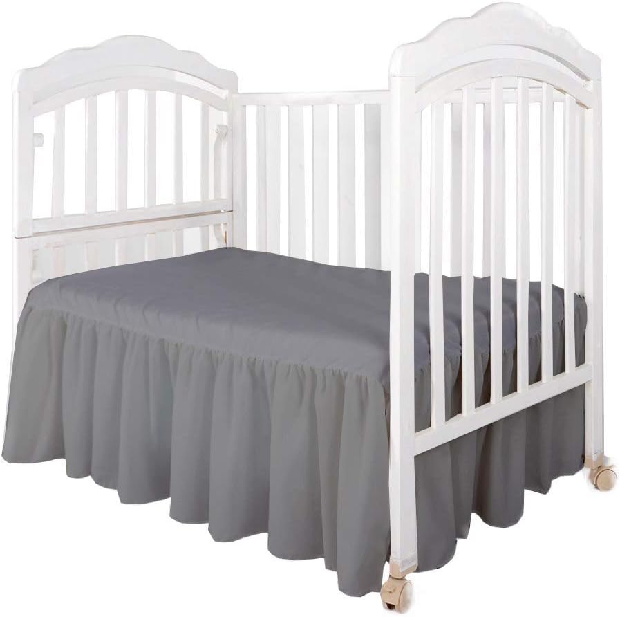 Crib Bed Skirt Dust Ruffle, Standard Size Ruffled Bed Skirt with Split Corners, 100% Microfiber Nursery Crib Toddler Bedding Skirt Gathered for Baby Boys or Girls, 14 Drop Dark Grey