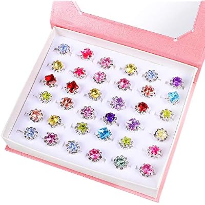 36Pcs Little Girls Rings for Kids Jewelry Rings Adjustable Gem Rings Set in Box Colorful Rings Gift Girls Pretend Dress up Play Jewelry for Kids Child Toddler