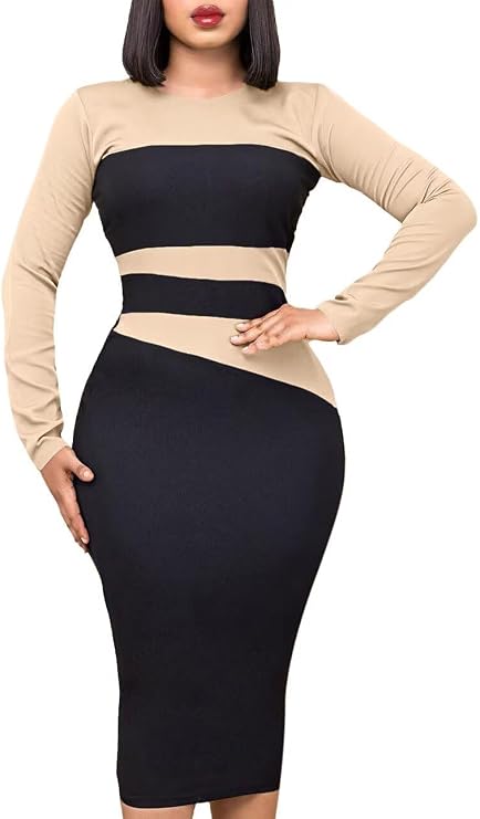 Women's Autumn Elegant Pencil Dress Long Sleeve Solid Color Trim High Waist Bodycon Midi Dress Business Casual