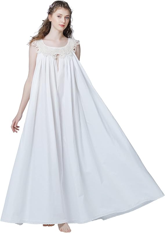 BEAUTELICATE Victorian Nightgown Women Long Princess Sleepwear Vintage 100% Cotton Sleeveless Nighties Full Sweep Court Nightdress A-Line Romantic Feminine Floor Length Style Ivory