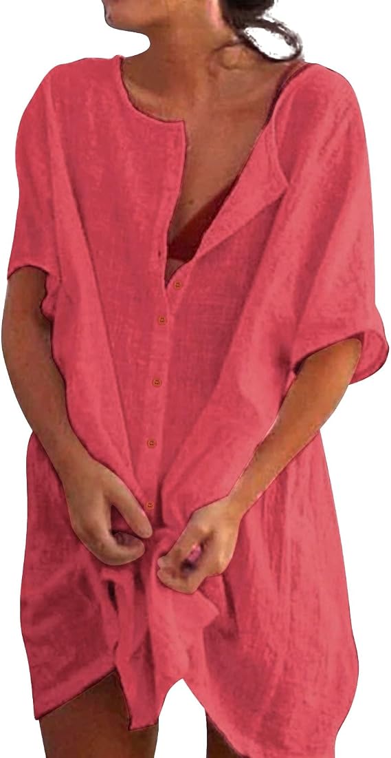 Beach Cover Ups for Women UK Cotton Swimsuit Kaftans Coverup Long Beachwear Beach Dress with Buttons Shirt Linen Dresses Women's Swim Cover-Ups Bikinis Sarong Loose Blouse Oversized