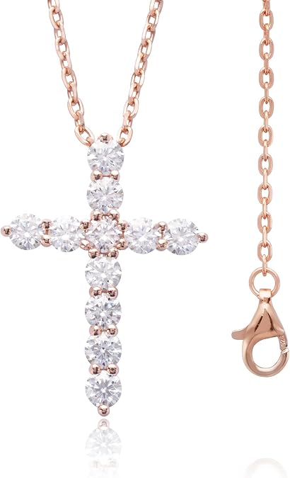 Ladylike Moissanite Cross Pendant Necklace for Women Sterling Silver | Adjustable Chain, 18K White Gold Plated, Inlaid Eleven 3mm D VVS1 Gemstones, 16+2 Inch Length, Ornament for Daily Matching