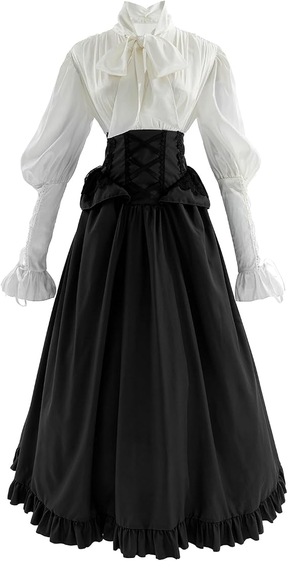 CR ROLECOS Black Victorian 2-Piece Dress 1800s Edwardian Ball Gown | Black 1800s Edwardian 2-piece Victorian costume ball gown, elegant ren faire tea party dress for women