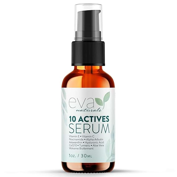 Eva Naturals 10 Actives Serum Vitamin C, Niacinamide, Hyaluronic Acid, Turmeric, CoQ10 Natural Anti Aging Face Serum for Dark Spots, Wrinkles, Acne, Skin Care & Facial Spot Remover