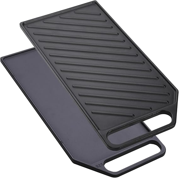 Hothit 2-in-1 Reversible 19.5 x 9 Cast Iron Griddle with Handles, Preseasoned & Non-Stick for Gas Stovetop, Oven and Open Fire K2
