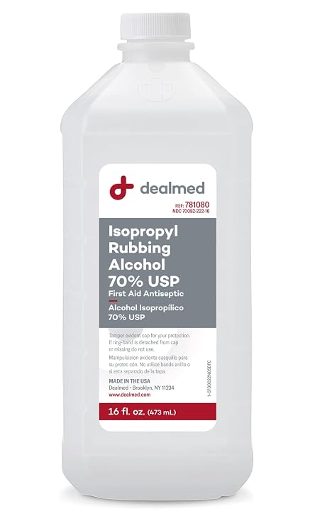 Dealmed Isopropyl Rubbing Alcohol - 70% USP, 16 oz (1 Pack) | Unscented, Liquid Formula, First Aid Antiseptic, Minor Cuts And Scrapes, 16 oz Total Volume, Pharmaceutics And Cleanroom Use