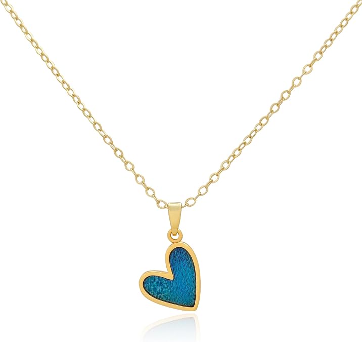 Blue Peacock Feather Heart Charm Necklace for Women, Gold Plated Statement Pendant Necklace with 5cm Extender, Dainty Chinese Handmade Women's Jewelry