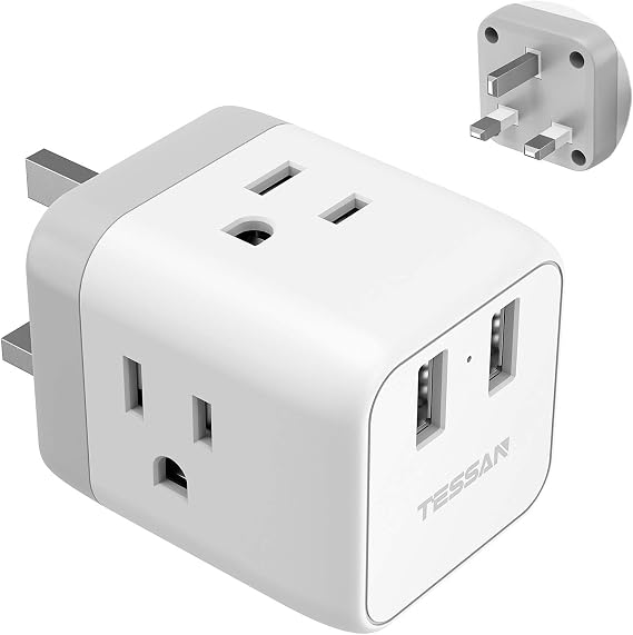 TESSAN US to UK Plug Adapter, Type G UK Travel Plug Adapter, Ireland Scotland Dubai Power Adaptor with 3 Outlets and 2 USB Ports, USA to England London British Qatar Kenya Outlet