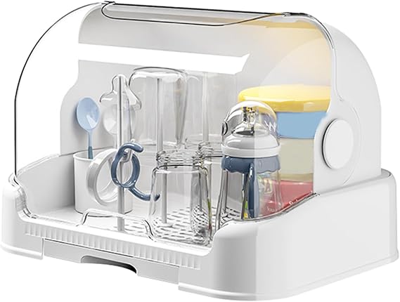 Baby Bottle Drying Rack with Lid, Dustproof Baby Bottle Storage Box with Removable Drain Tray, Space Saving Baby Bottle Rack Dryer - Reusable Bottle Rack Holder for Baby, White