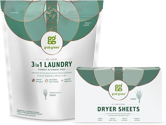 Grab Green 3-in-1 Laundry Detergent Pods and Dryer Sheet Bundle, 60 Count Pods and 80 Dryer Sheets, Vetiver Scent, Plant and Mineral Based Laundry Care Set, Packaging May Vary