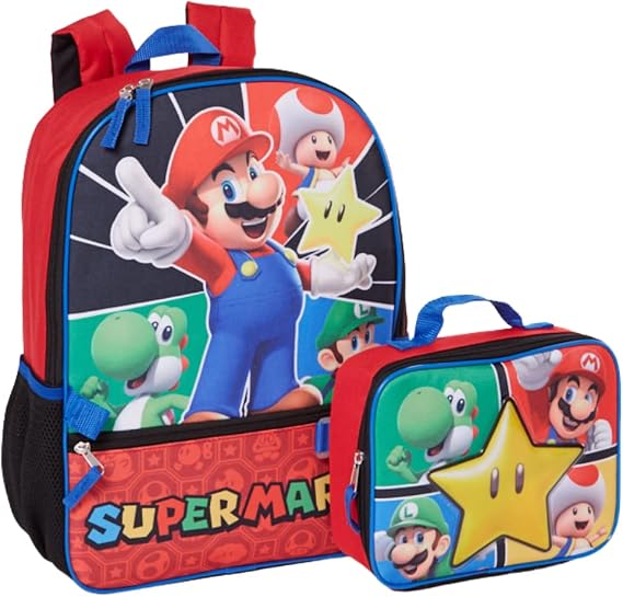 Super Mario Backpack with Lunch Box Set for Boys & Girls, 16 inch, Value Bundle
