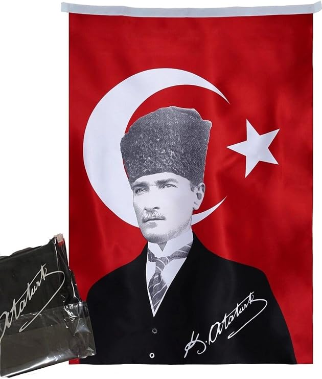 Asilmeydan Türk Bayrağı Kalpaklı Atatürk Fotoğraflı Türkiye Bayrağı 70x105 cm