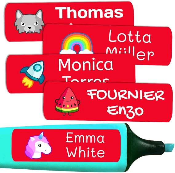 50 Personalized Adhesive Labels, of 6 x 2 cms, to Mark Objects, Books, Lunch Boxes, etc. Basic Red Color