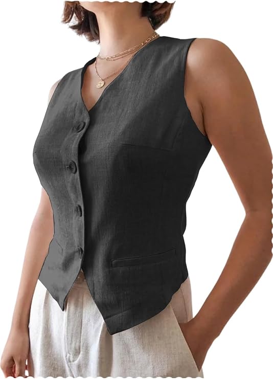 Women's Linen Vest V-Neck Button Down Waistcoat | Formal Business Sleeveless Blazer