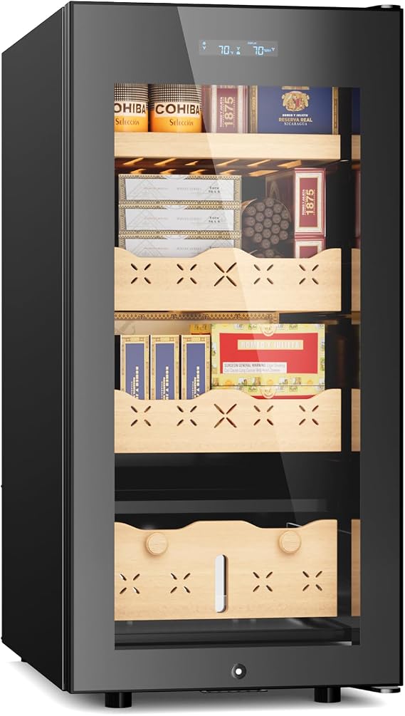 85L Smart Temperature and Humidity Adjustable Electronic Cabinet, 700 Counts Large Capacity Stainless Steel Lockable Cabinet, Spanish Cedar Wood Drawers, Digital LED Display, Black
