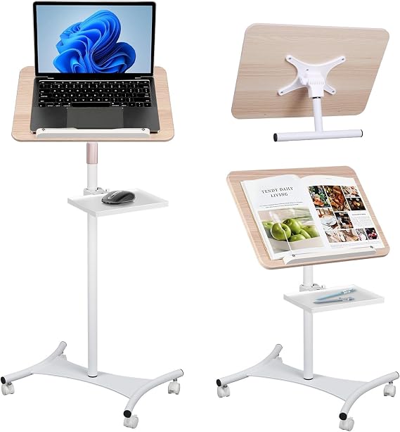 Floor/Desktop Standing Book Stand,Solid Wood, Music Stand for Sheet Music with Tray, 4 Lockable Casters, Reading Stand with Page Clips, Height from 20-51in, for Laptops, Bible/Cookbook