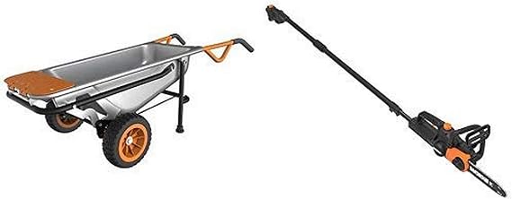 WORX WG050 Aerocart 8-in-1 All-Purpose Wheelbarrow/Yard Cart/Dolly, 18" x 12" x 42", Orange, Black, and Silver with WG323 20V 10" Cordless Pole/Chain Saw with Auto-Tension, Black