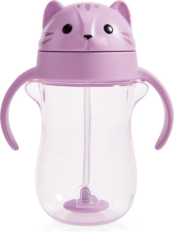 Munchkin Any Angle Spill Proof Weighted Straw Trainer Cup, Transition Sippy Cups for Toddlers and Babies, Click Lock Technology & Fun Cat Design, 10 Ounce, Purple