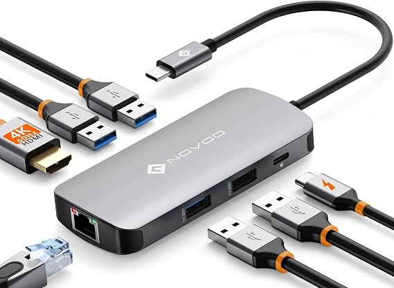 NOVOO Mulitport Adapter USB C to Ethernet 7 in 1 Hub USB C to HDMI 4K 100W PD Charging Port USB x 4 USBC Hub for MacBook Pro MacBook Air Chromebook