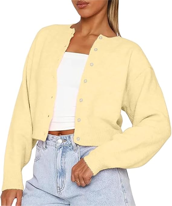 RUEWEY Women Y2k Crew Neck Button Down Long Sleeve Cropped Cardigan Knitted Sweater Light Jacket