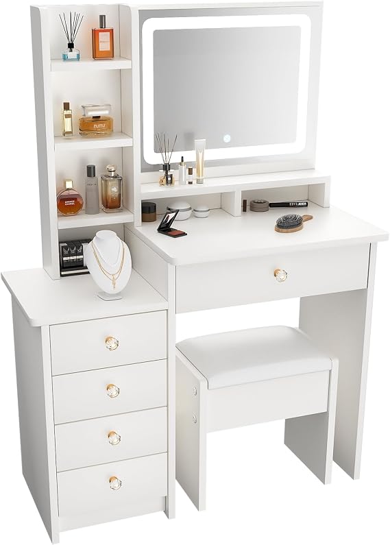 Dressing Table with LED Mirror and Stool, 90cm White Vanity Desk