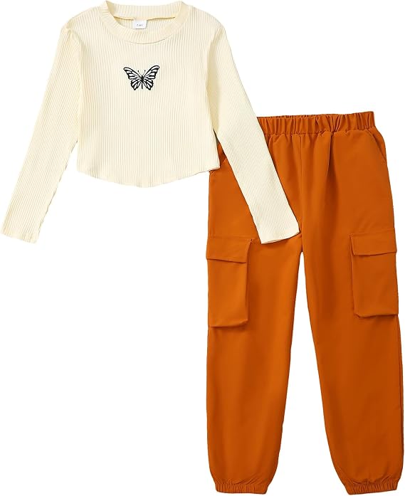 YOURUIKEY Tween Teen Girls Trendy Preppy Clothes Fall Winter Outfits Long Sleeve Crop Top Cargo Pants Clothing Set Size 7-16