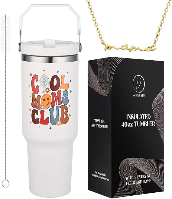 Mothers Day Gifts, Mama Tumbler 40oz with Handle & Straw - Cool Moms Club Cup, Birthday Gift from Daughter Son, Insulated Stainless Steel Coffee Tumbler for Women