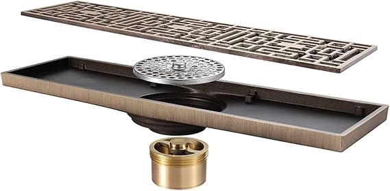 Linear Shower Drain,Brass Bronze Rectangle Shower Floor Drain 12 Inch Linear Drain with Pattern Grate Removable,