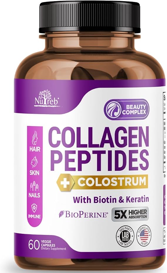 Collagen Peptides with Colostrum for Women - Multi Collagen Type I, II, III, V, X with Biotin & Keratin - 5X Absorption Capsules for Hair, Skin, Nails & Immune Support - Collagen Pills, 60 Count