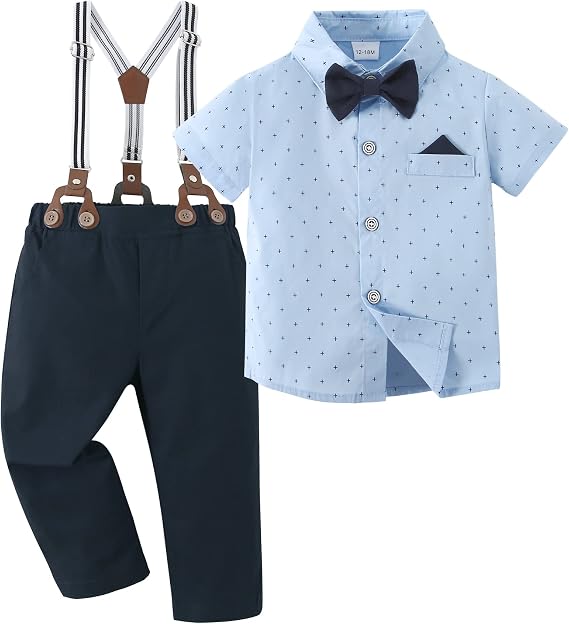 CARETOO Toddler Boy Clothes Suit Gentleman Wedding Outfits Kids Formal Dress Shirt Bowtie Long Suspender Pants Overalls 1-5T