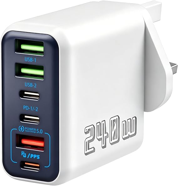 240W USB C Charging Station, 6-Port Multi USB Charger Plug for iOS Android