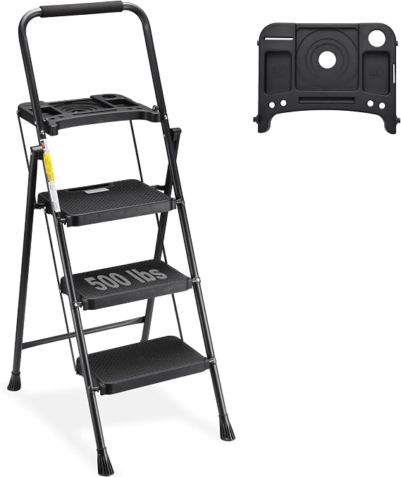 SocTone 3 Step Ladder,Step Stools with Tool Platform, 500lbs Capacity | Step Stool Foldable, Steel Ladder for Household and Office, Black