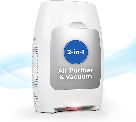 EyeVac Air 2-in-1 HEPA Air Purifier & Touchless Vacuum Automatic Dustpan - Ultra Fast & Powerful - Covers 600 Sq ft - Corded Canister Vacuum, Bagless, Automatic Sensors, 1000 Watt (White/Silver)