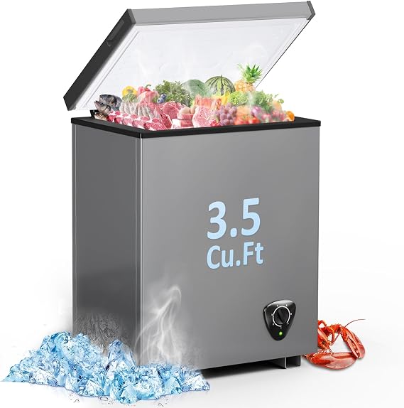 LifePlus Chest Freezer - 3.5 Cubic Feet Compact Deep Freezer Small Freezer 7 Adjustable Temperature with Removable Basket, Energy Saving Super Quiet for Garage, Office, Kitchen, or Apartment, Gray