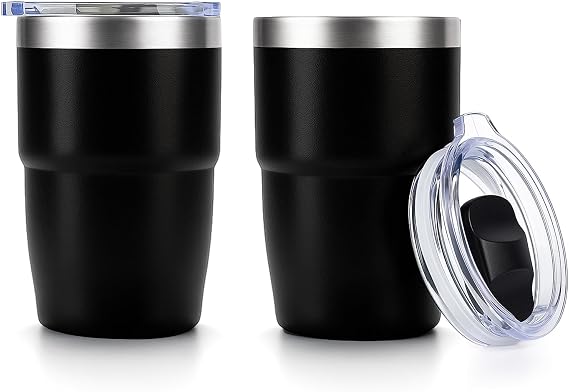 Zenbo 8 oz Stackable Espresso/Coffee Cups with Magnetic Lid, Ceramic-Lined 18/8 Stainless Steel Mini Tumblers, Double-Wall Vacuum Insulated & Dishwasher Safe for Travel & Office (Black-2 Pack)