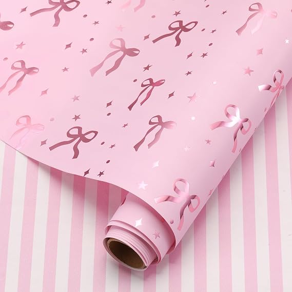 AmazingSpark Pink Bow Gift Wrapping Paper Roll Gold Foil Cute Bow Gift Wrap | 17 x 118 Inch, Pink and White Striped, Wrapping Paper for Girls Women, Baby Shower, Birthday, Wedding