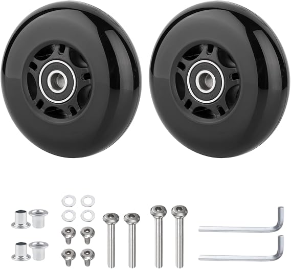 Universal Luggage Replacement Wheels 76x24mm - Silent PU Caster with ABEC-9 608-2RS Bearings, 6mm Axle & Washer Included, Heavy Duty Suitcase Repair Kit for Inline Wheels