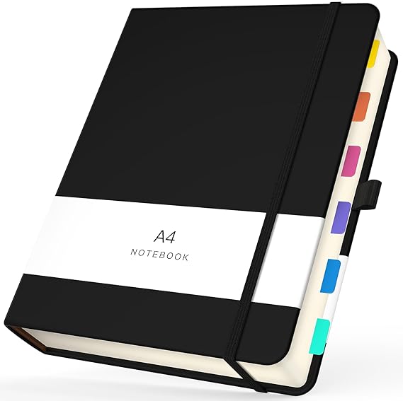 A4 Squared Notebook, 100GSM Paper Notepad Black PU Leather Hardback