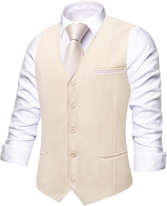 Hi-Tie Men's Formal Suit Vest Solid Fit Vest for Men 3 Pockets V Neck Waistcoat Business Wedding Casual
