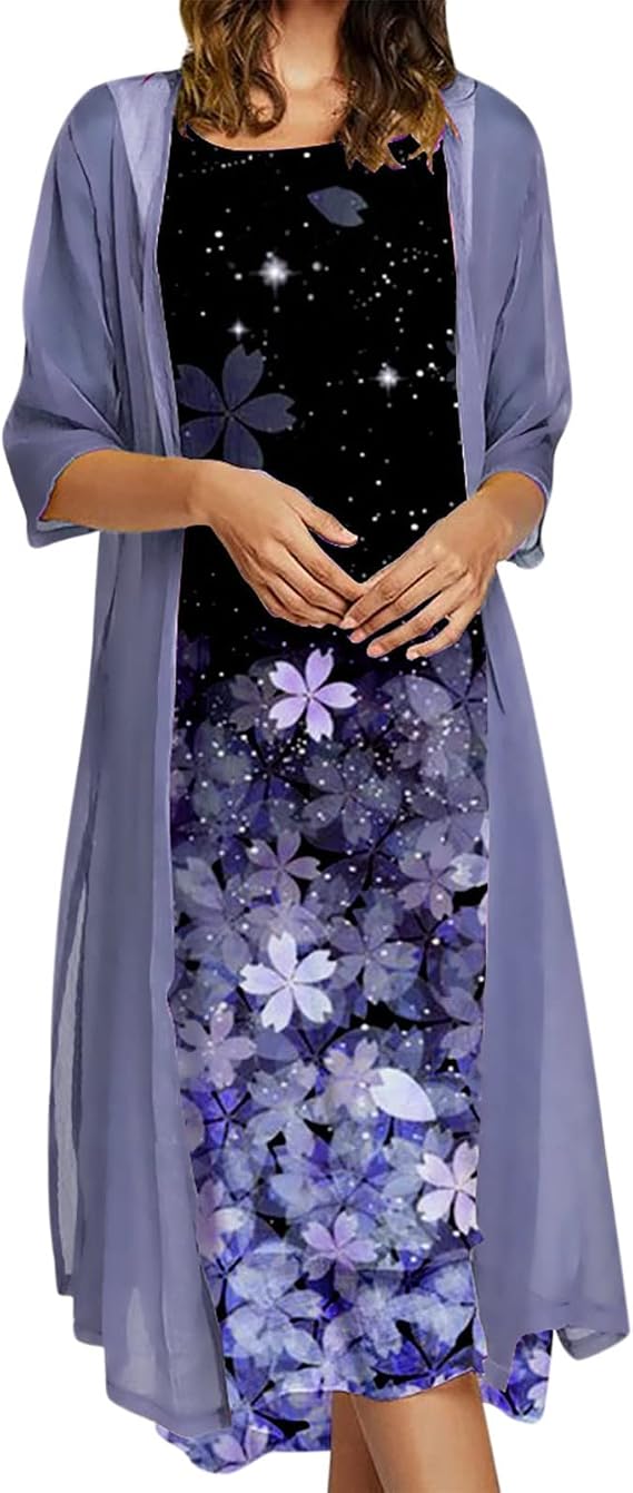 Two-Piece Women's Dress with Chiffon Shawl Cardigan Set - Summer Dress Women's Elegant Sleeveless Maxi Dress Flowers Print Long Vintage Dresses Festive Elegant Loose Casual Dress Party Dress