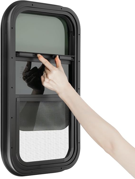 12" W x 22" H RV Window Vertical Sliding, DOT Certified - Shatterproof Tempered Tinted Glass, with Net Screen and Trim Ring, Teardrop Replacement Trailer Camper Window