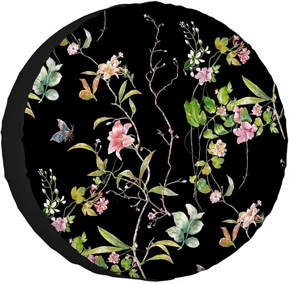 Leaves Flowers Spare Tire Cover Watercolor Black Background Wheel Covers for RV Tires Camper Tire Case Protectors for Trailer Rv SUV Truck Travel Trailer 15 in