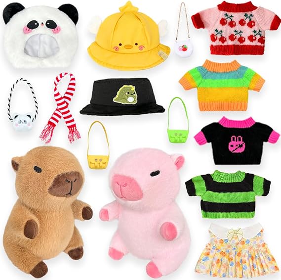 2 Capybara Plush with 13 pcs Clothes & Accessories, Dress Up Capybara Stuffed Animal Plush Toys, 10.2 in Cute Plushies for Girl/Boy Birthday